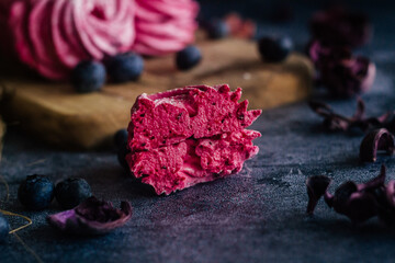 Delicious berry marshmallow. Handmade marshmallow with black currant. Marshmallow with berries on the table