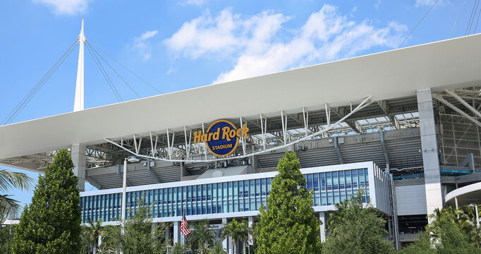 Hard Rock Stadium sign, the Hard Rock was the host for the 54th Super Bowl, located in Miami Gardens, Florida, USA. 