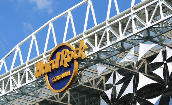 Hard Rock Stadium sign, the Hard Rock was the host for the  54th Super Bowl, located in Miami Gardens, Florida, USA. 