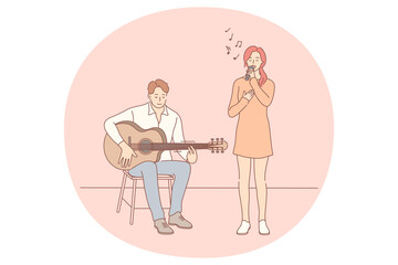 Music band, playing guitar, singer concept. Young couple man and woman cartoon characters playing guitar and singing together during performance on stage. Music festival, show, singers, melody, song