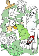 vector illustration Snowman with a gift,a Christmas tree and a toy nutcracker in a closet,spruce branches,cones,Christmas decorations on a green background