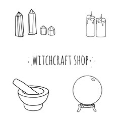 Witchcraft, magic shop for witches and wizards. Wicca and pagan tradition. Vector vintage collection. Hand drawn elements: candles, mortar, magic ball, crystals. Magic set with occult symbols
