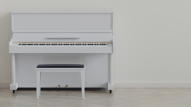 Luxury white crema living room interior with a white piano  light. 3d rendering