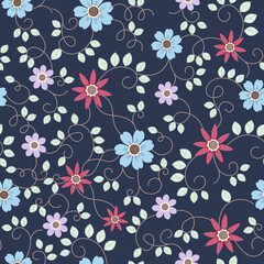 Seamless repeated surface vector pattern design with little blue, purple and red flowers and green leaf vines on a dark blue background