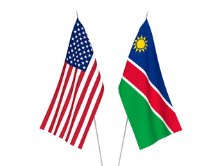 National fabric flags of America and Republic of Namibia isolated on white background. 3d rendering illustration.