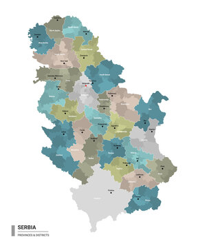 Serbia higt detailed map with subdivisions. Administrative map of Serbia with districts and cities name, colored by states and administrative districts. Vector illustration.