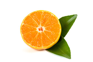 Fresh orange cut in half on white background