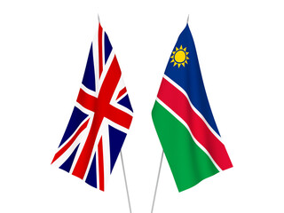 Fototapeta na wymiar National fabric flags of Great Britain and Republic of Namibia isolated on white background. 3d rendering illustration.