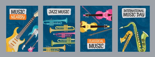 Colorful posters design with musical instruments. Vivid brochures for music day or festival. Concert and entertainment concept. Template for promotional leaflet or flyer