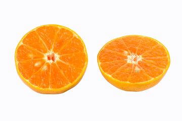 Fresh orange cut in half on white background