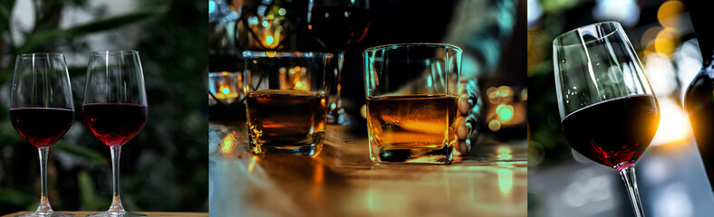 Cheers clinking of friends in party. Whisky In A Glass. Light Bokeh Background.