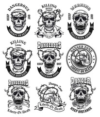 Dangerous zone emblems set. Monochrome design elements with human skulls tied with barbed wire, ribbons with text. Danger or death concept for labels, stamps, tattoo templates