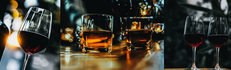 Cheers clinking of friends in party. Whisky In A Glass. Light Bokeh Background.