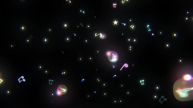 Looped shimmering music notes and glowing stars motion graphics on a black background.