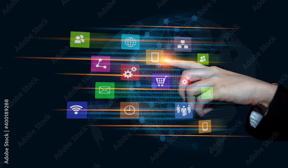Aufkleber internet technology network concept, business virtual hologram through the computer screen, mobile a