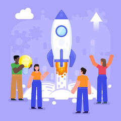 Rocket launch as symbol of new business or startup. Group of people stand near rocket take off. Modern vector illustration