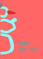 New Year greeting card design template. Hand drawn funny snowman, Happy New Year hand lettering on pink background