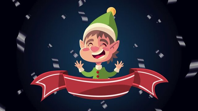 happy merry christmas animation with little elf in ribbon frame