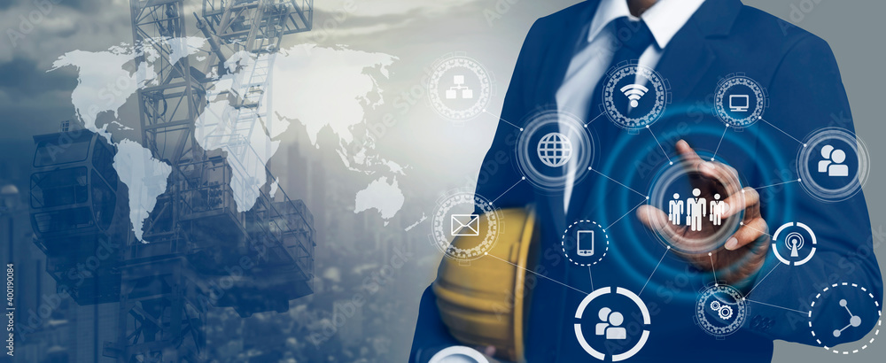 Poster double exposure engineering using digital technology interfaces icon with construction cranes no cit