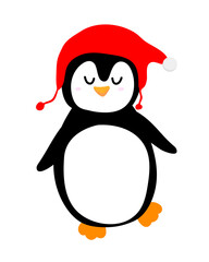 Cute dreaming dancing penguin in knitted red cap in cartoon style. Isolated On white background. Vector