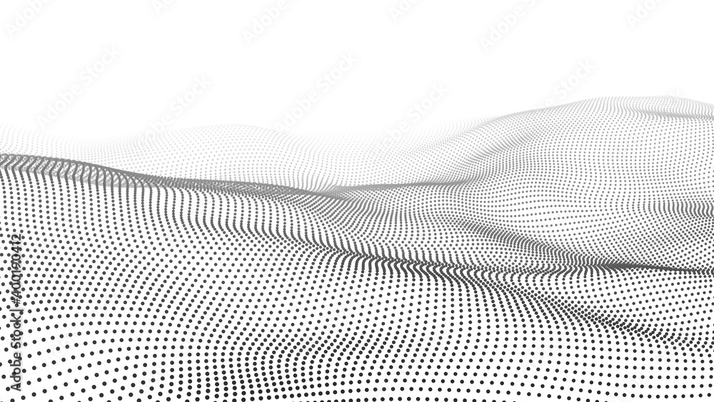 Poster abstract white wave with moving dots. flow of particles. vector cyber technology illustration.