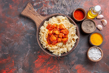 top view cooked dough with chicken and seasonings on dark background pasta dough dark dish