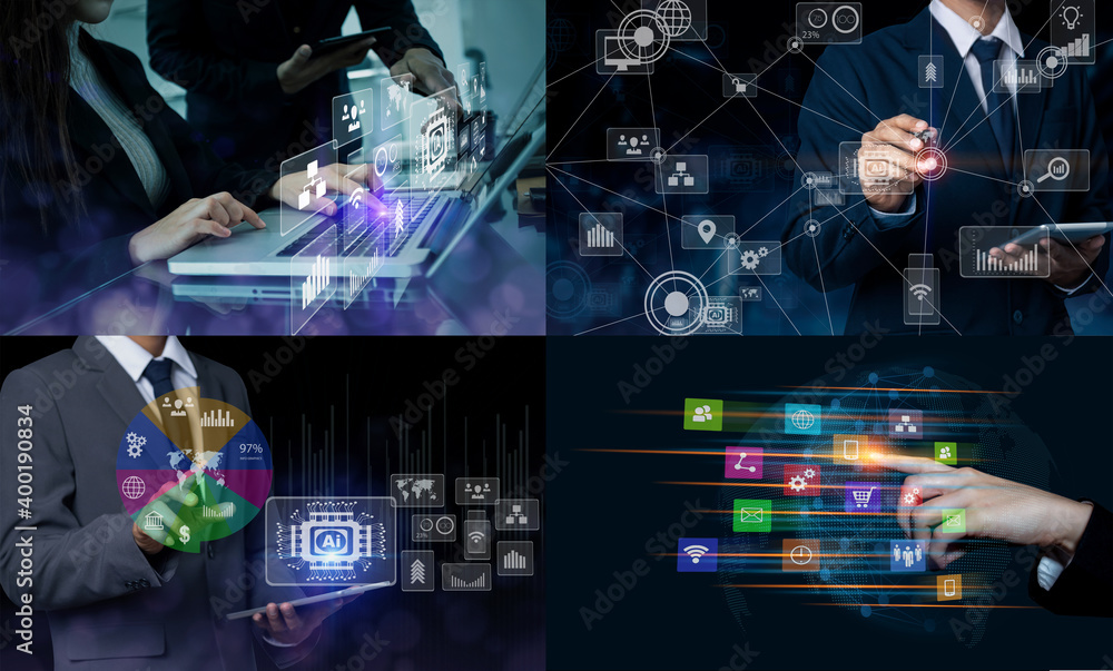 Poster set of photo business working on digital technology network and business strategy development and gr