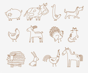 flat vector illustration of cute farm animals