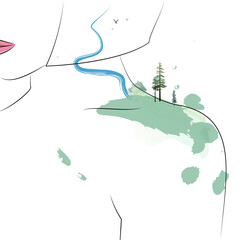 Beautiful abstract woman's shoulder with forest and river. Suitable for Earth Day pictures and cards. Vector Illustration