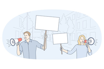 Demonstration, promotion, protest concept. Young angry active couple with speakers riots standing and holding white blanks placards with copy space for text vector illustration 