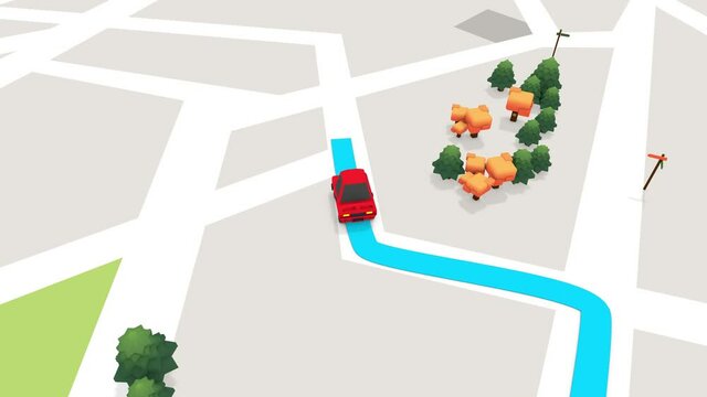 Car driving on blue line, 3d animation, drive on gps map,