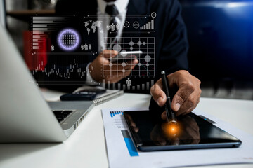 Business digital technology and customer service evaluation concept. Business hands using a...