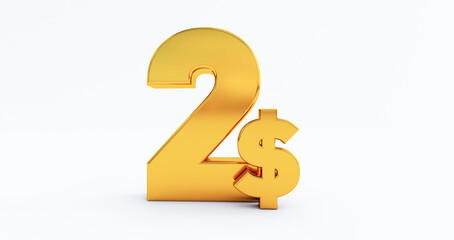 3D of two dollar isolated on white background, usa dollar $