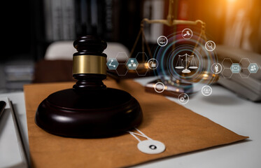 Concepts of Law and Legal services. Lawyer with law interface icons.