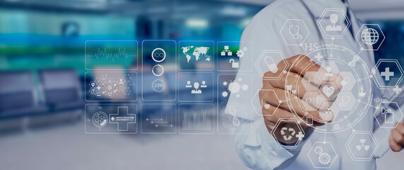 Medicine doctor with digital tablet and computer and touching medical icons network connection, Medical technology and futuristic concept.
