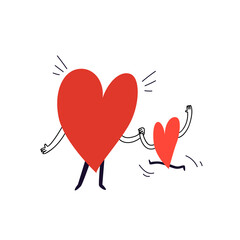 A big heart holds a small one by the hand. Hand drawn happy mom and baby gambling characters. Vector stock illustration in doodle cartoon style isolated on white background.