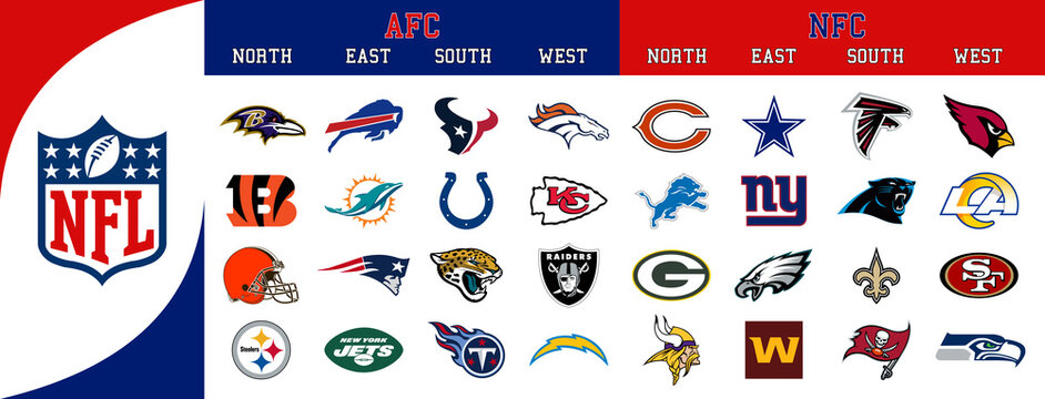  NFL American and Football Conference Division Team Logos. Vector, transparent.