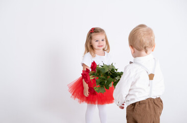 little boy giving bouquet of roses to toddler girl on valentines day on white background.