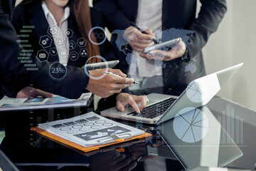 Technology and financial advisory services concert. Business teamwork and working on digital laptop computer with advisor showing plan of investment to clients at table office. Digital marketing.