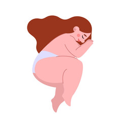 Curvy young girl sleeps in fetal pose - vector isolated of embryo sleep pose in hand drawn style
