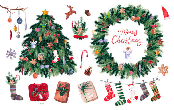 Christmas set consisting of hand-painted watercolor Christmas tree, Vinca, Nazca garland and Christmas decorations.