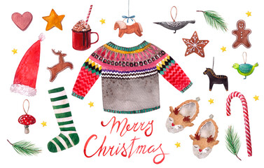 Christmas set consisting of hand-drawn watercolors knitted clothes, Christmas decorations, drinks and sweets.