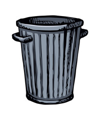 Iron trash can isolated on white. Black ink hand drawn sign