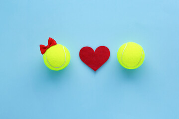 Smiling tennis balls girl with red bow and boy and hearts. Valentine’s Day tennis flatly...