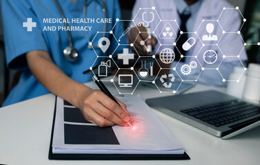 Medical technology and futuristic concept. Medicine doctor touching on tablet and digital healthcare and network connection and hologram modern virtual screen interface icons. 