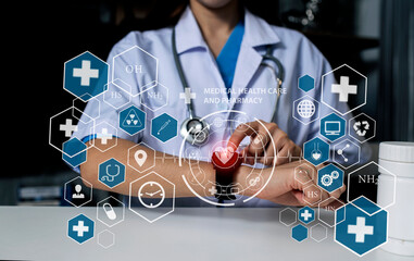 Healthcare and medical innovation technology concept, Doctor working with analysis and healthcare data interface icon and network at the tablet.