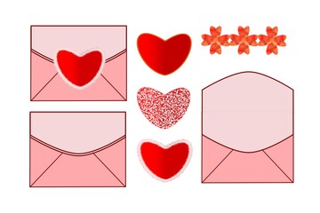 Closed envelope, open envelope, pictures of hearts. Valentine's Day card templates