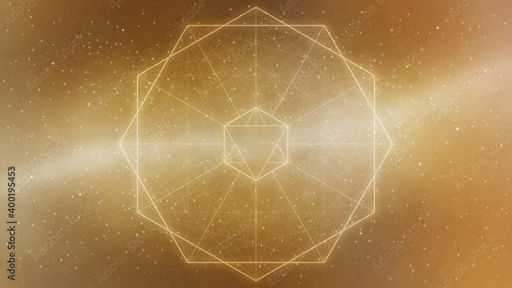 Wall mural glowing golden sacred geometry hexagons and space background - abstract