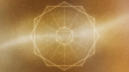 Glowing golden sacred geometry hexagons and space background - abstract