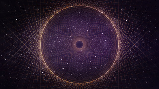 Gold and purple vortex abstract circles line art in space - background